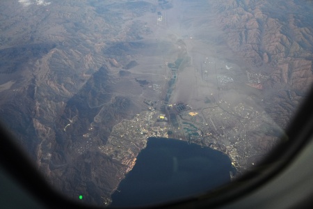 The meeting of Egypt, Israel, and Jordan (our route detoured around Israeli airspace.)
Eilat, Israel, Aqaba, Jordan